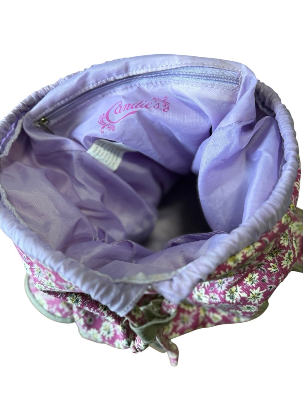 Candies Floral Backpack Cinch Snap Closure Bag Purple Vintage Retro pockets - Picture 6 of 8